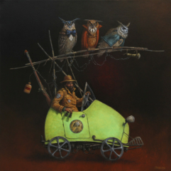 <em>Le garde chasse et ses grands ducs 60 x 60</em>